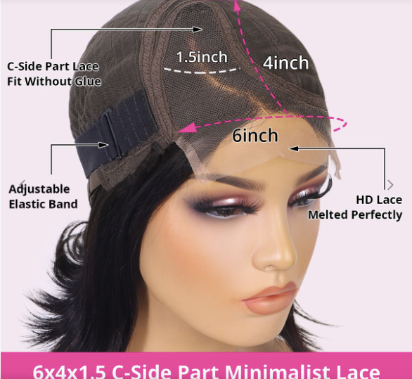 Perruque Bob lisse en forme de C avec raie latérale, cheveux humains minimalistes et indétectables en dentelle HD, classiques et chics