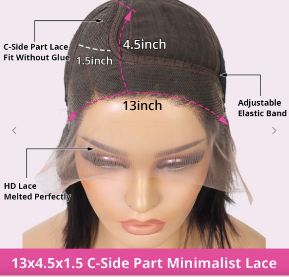 Perruque Bob lisse en forme de C avec raie latérale, cheveux humains minimalistes et indétectables en dentelle HD, classiques et chics